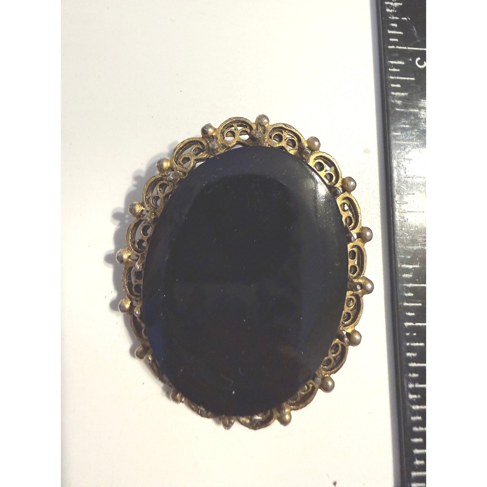Vintage Black Onyx Style‎ Cabochon Brooch Pendant Gold Tone Filigree Ornate Oval